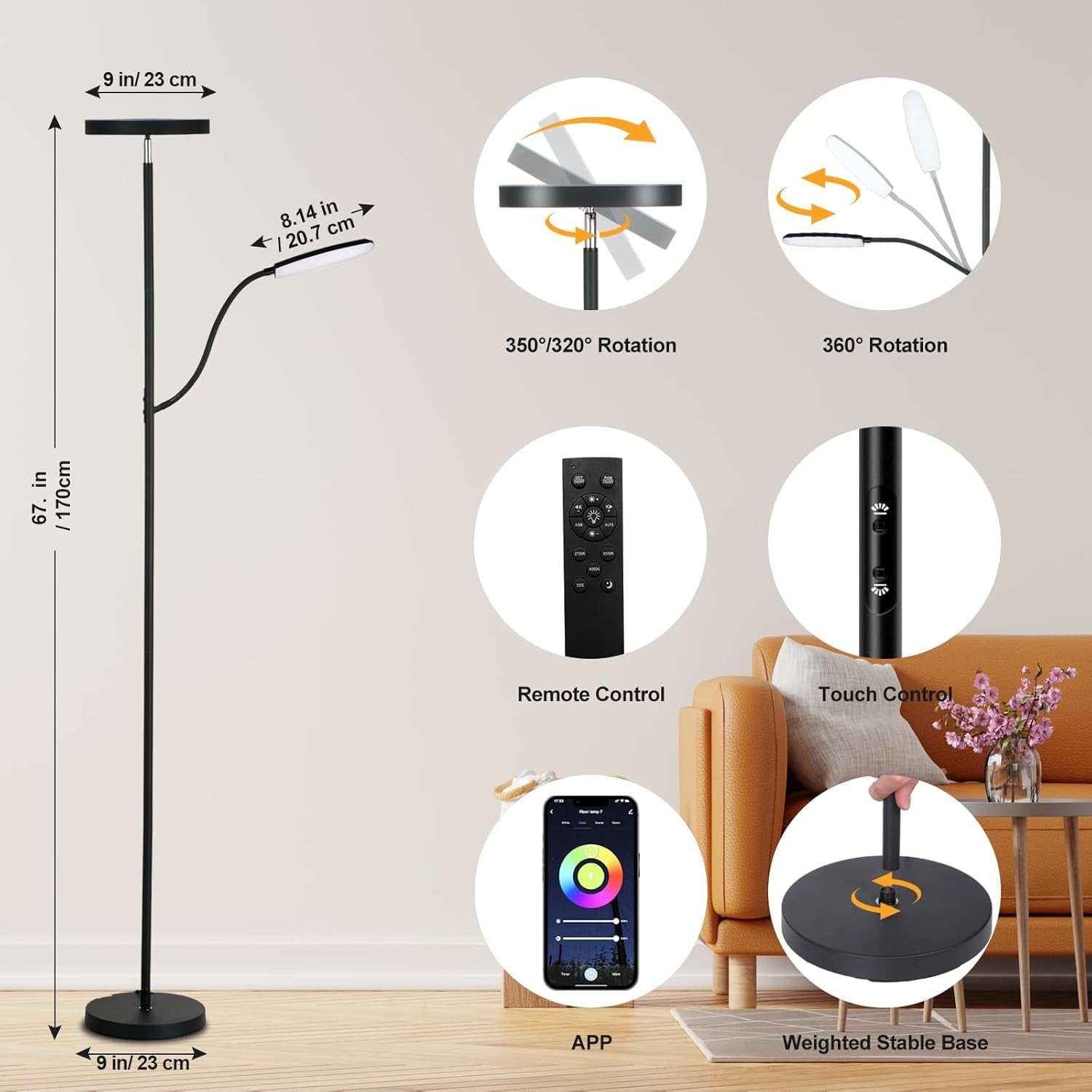 RGB LED Floor Lamp 36W 3000LM Dimmable Torchier with Reading Light