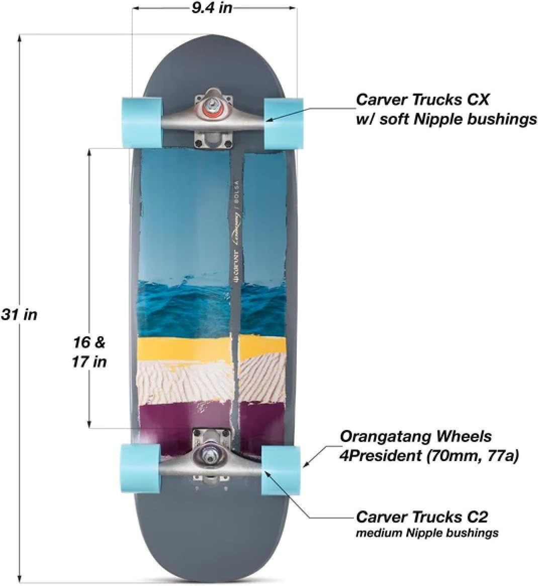31" Carver Bolsa CX.4 Skateboard with 9.4" Maple Deck & Blue Design