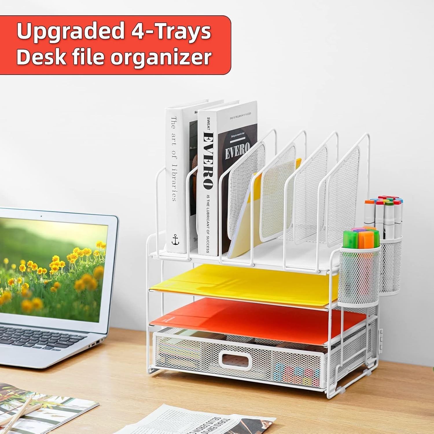 4-Tier Desk Organizer Tray with Drawer, 5 Vertical File and Pen Holders