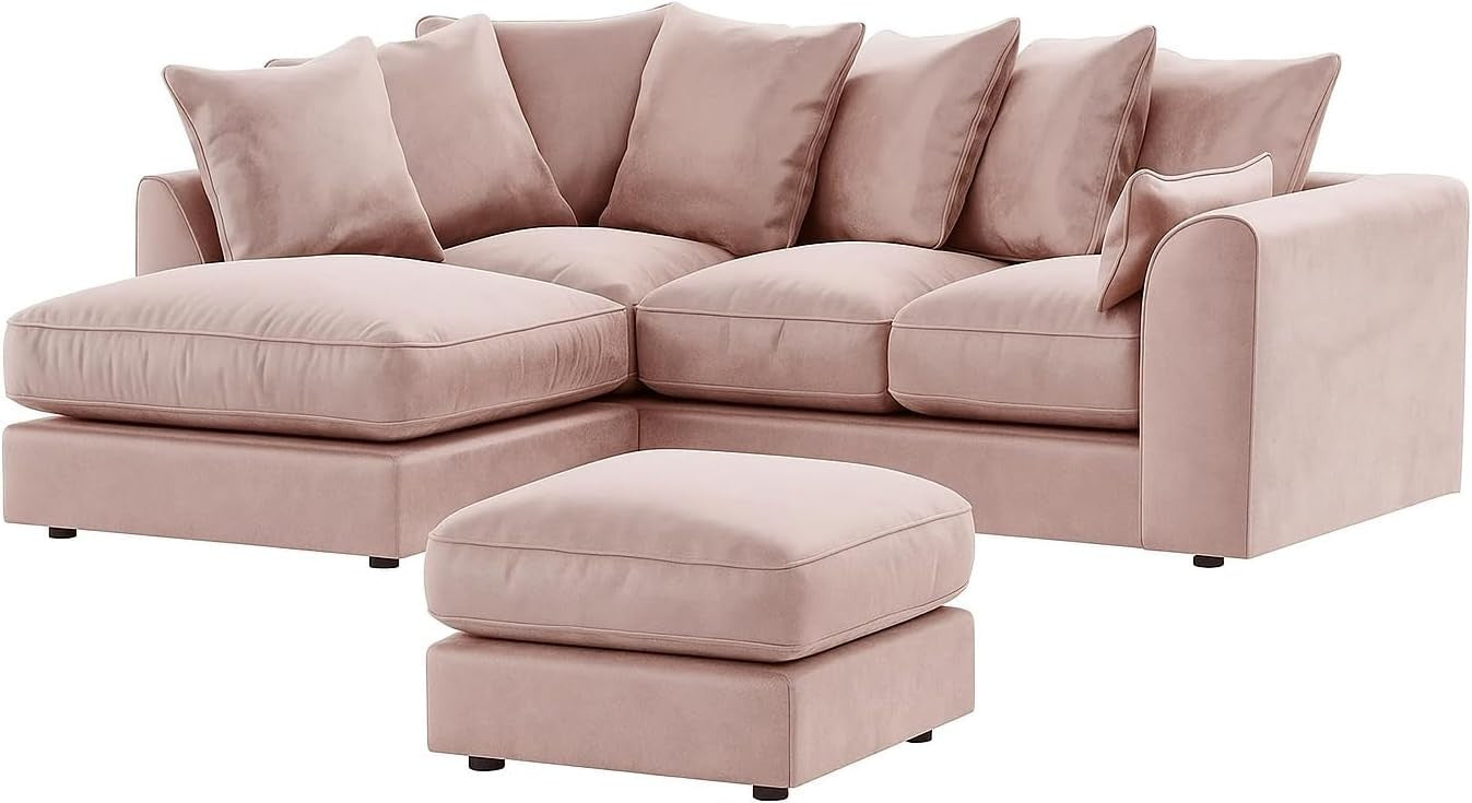Velvet Pink L Shape Corner Sofa – 4 Seater Scatter Back Couch Left Hand