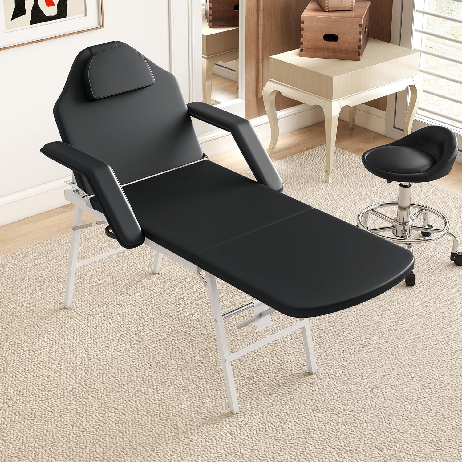 Portable 3-Section Massage Table Adjustable Beauty Bed Recliner Face Hole Black