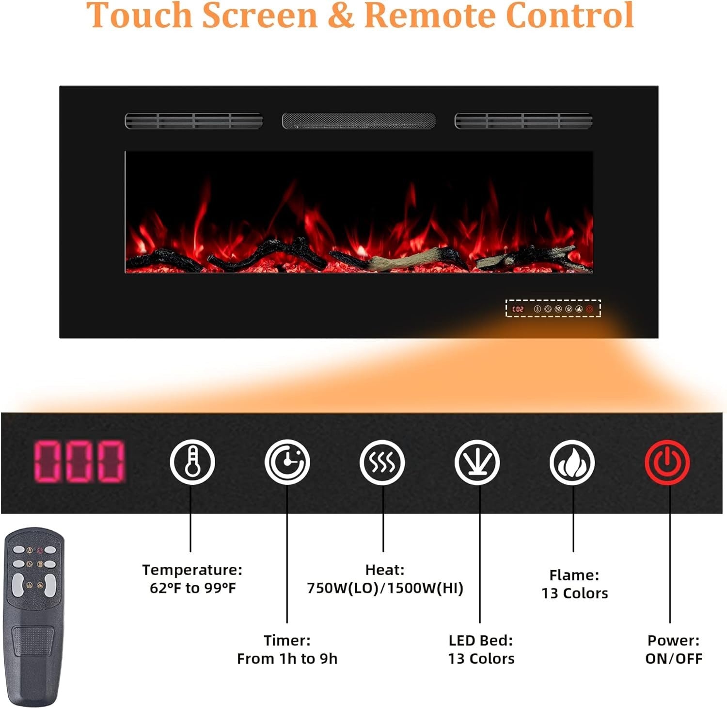 Wall Mounted Electric Fireplace Heater 42" LED Flame Remote Timer