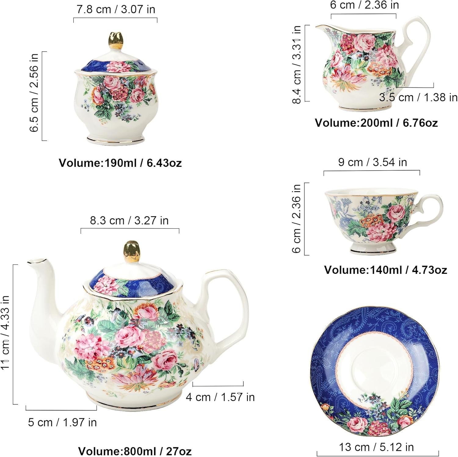 15 Piece Bone China Tea Set Floral Teapot Cups Saucers Vintage Afternoon Tea