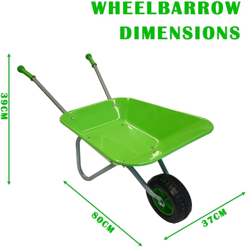 Kids Green Wheelbarrow Set 5pcs – Metal Toy Garden Tools w/ Gloves & Rake