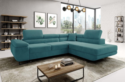 Turquoise Corner Sofa Bed with Storage L-Shape Corduroy Adjustable Headrests
