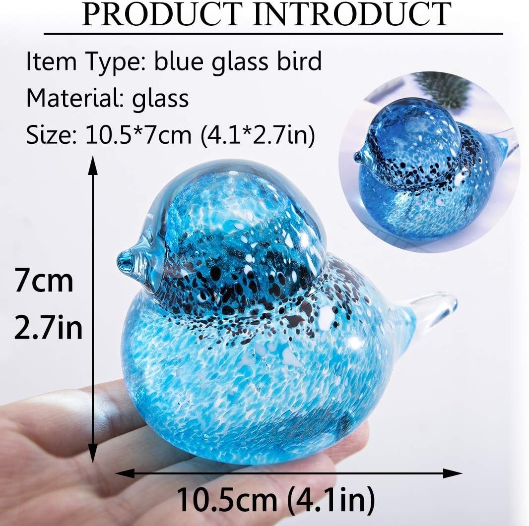 Handmade Blown Glass Bird Ornament Blue Art Figurine Crystal Paperweight Decor