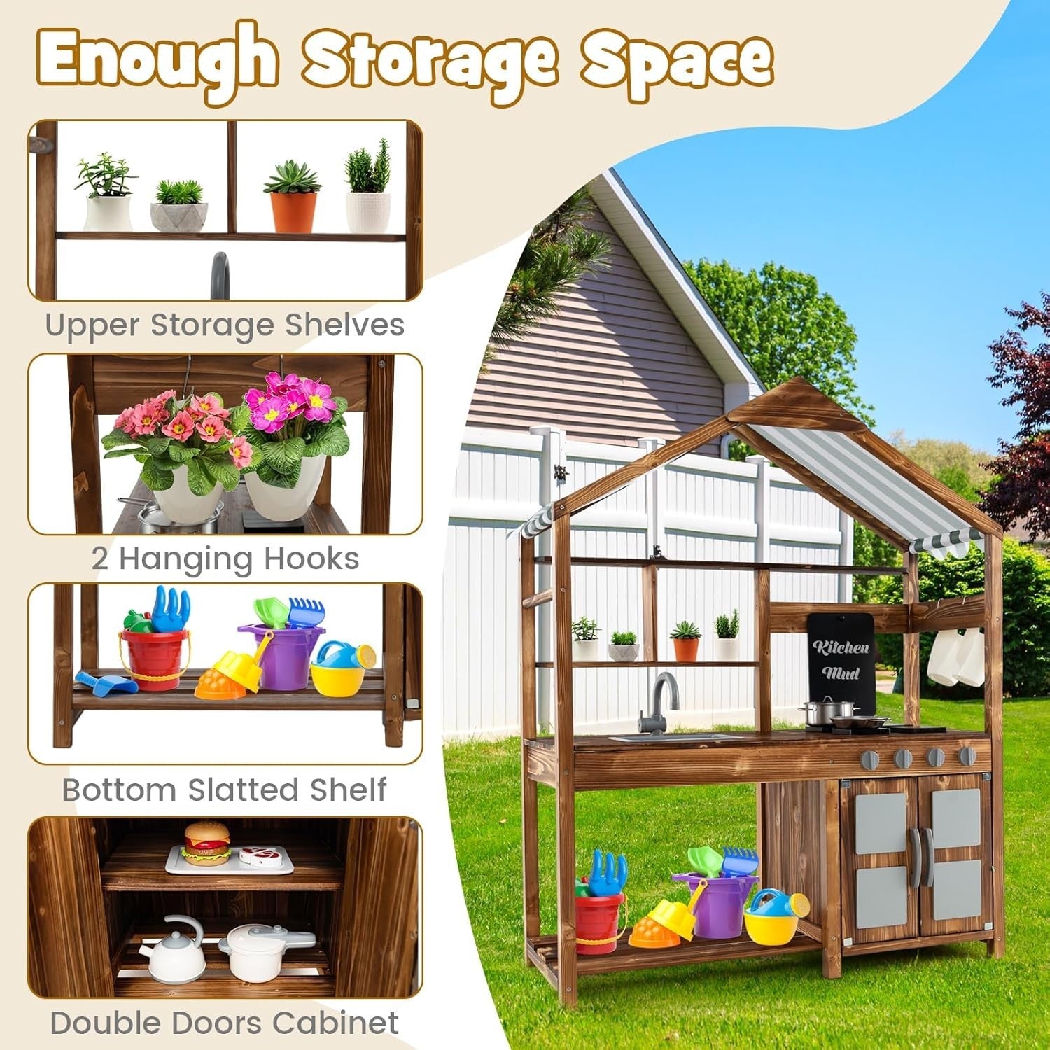 Outdoor Mud Kitchen Kids Wooden Playset w/ Canopy Sink Chalkboard