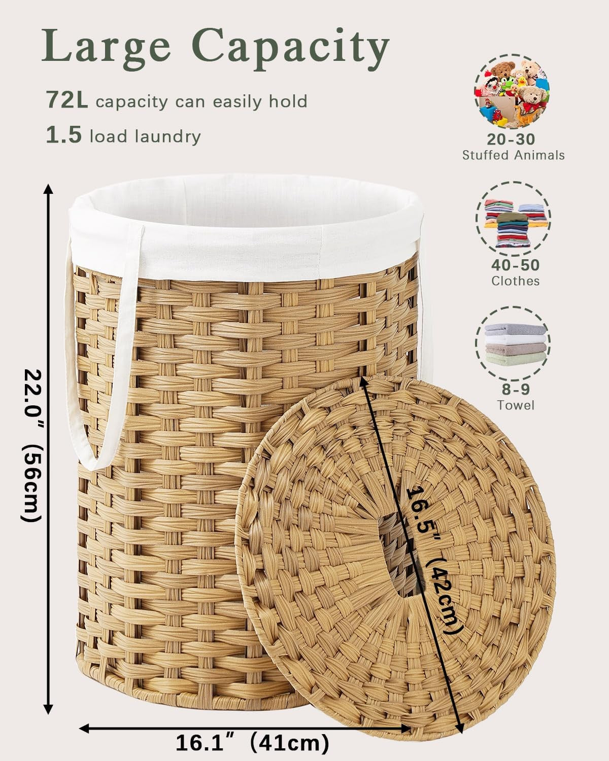 72L Round Wicker Laundry Basket with Lid Large Rattan Hamper Natural Storage