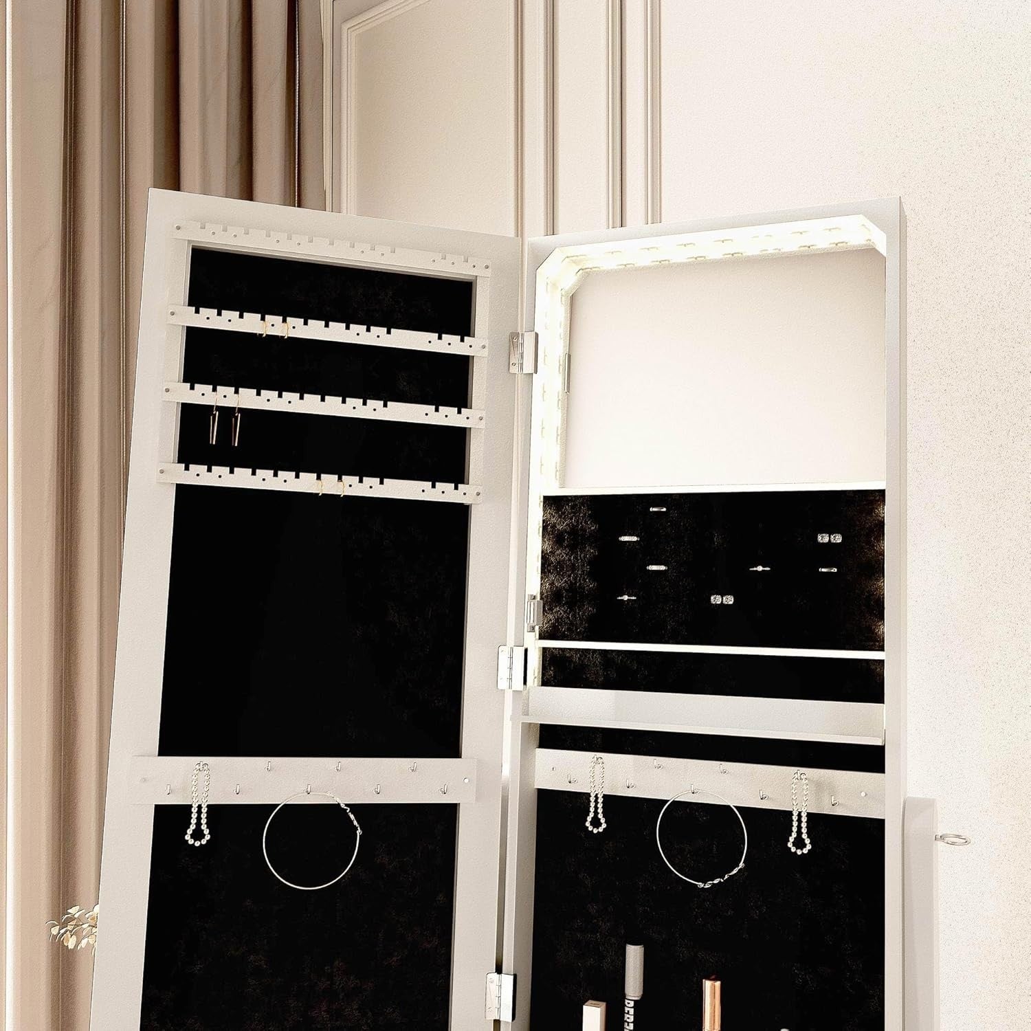 White LED Jewellery Storage Cabinet Full Length Mirror with Drawers