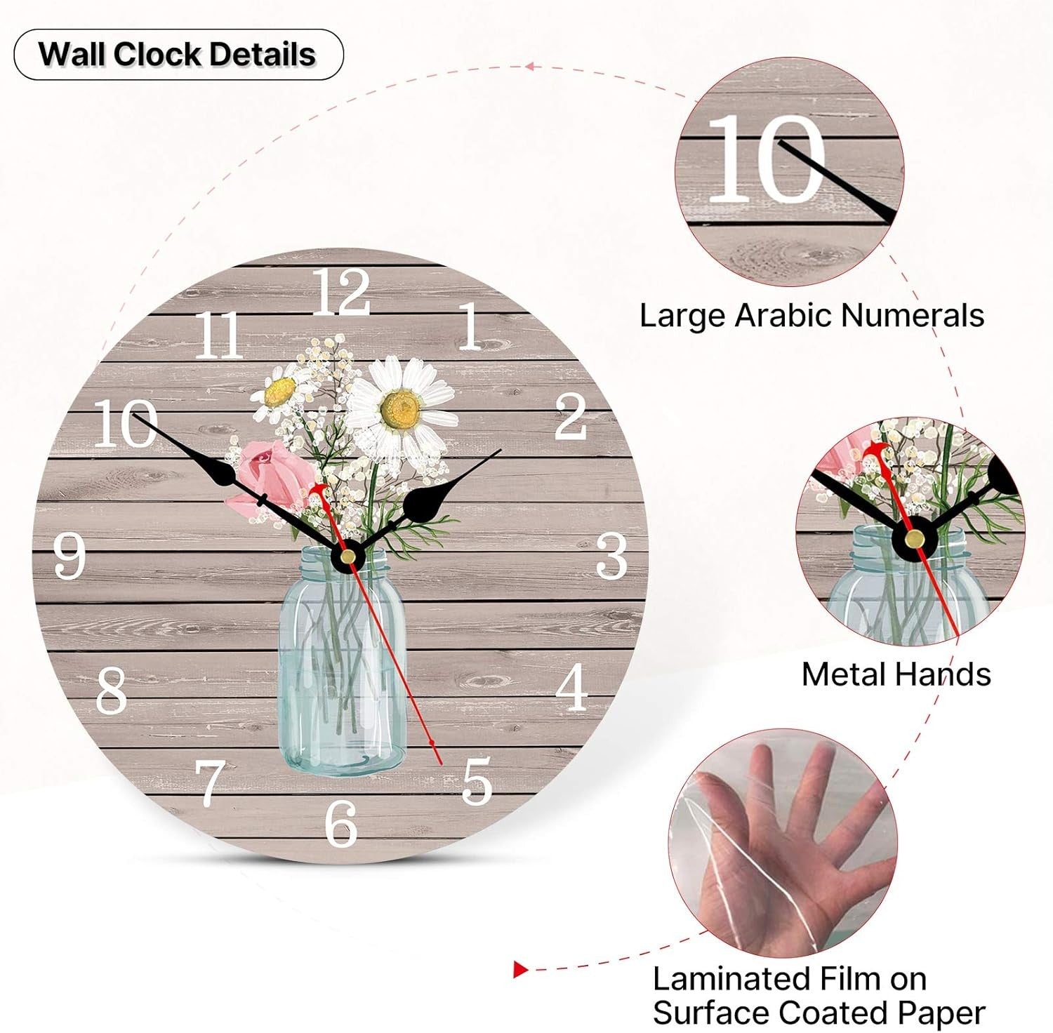 14" Rustic Floral Wall Clock Silent Non-Ticking Wooden Round Home Decor