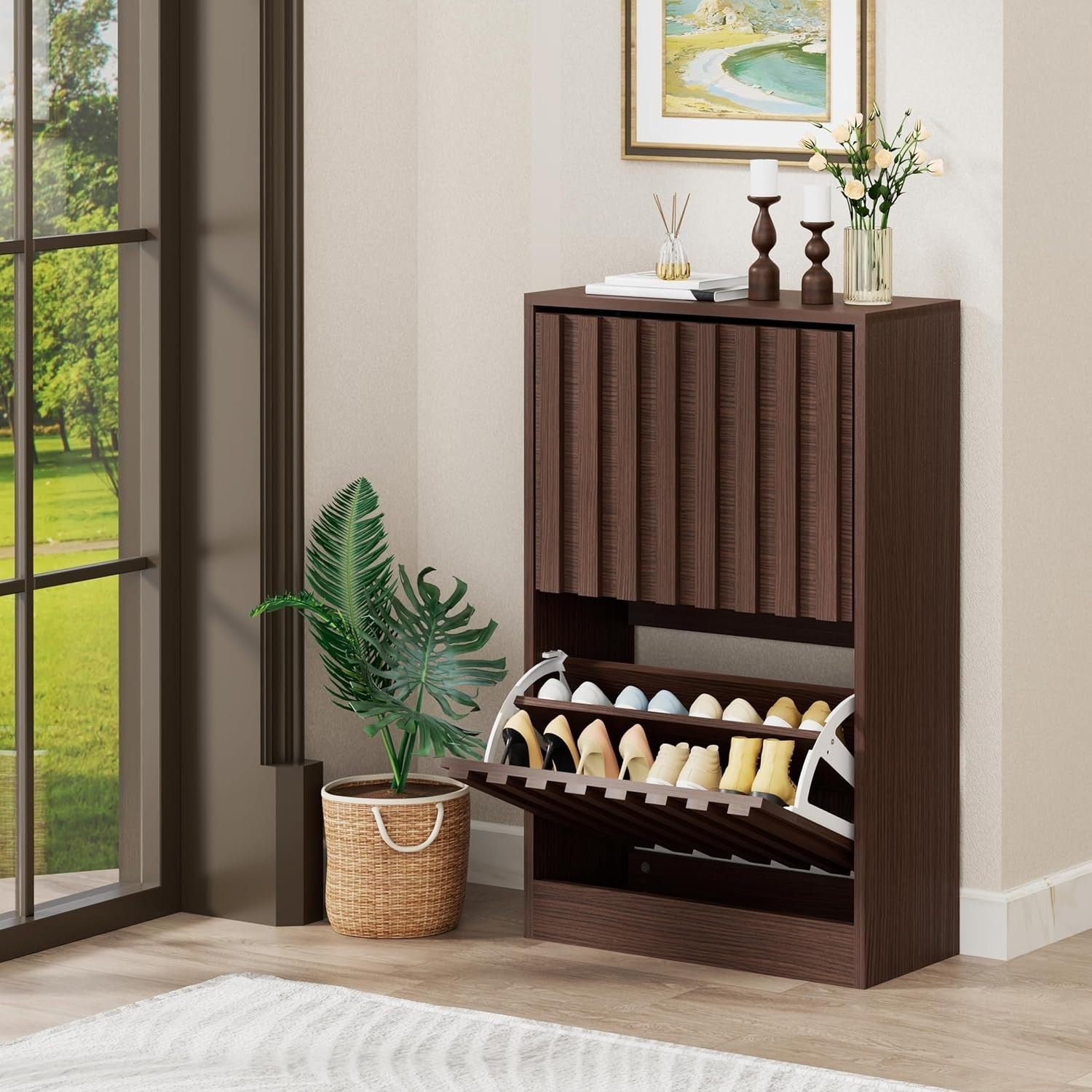 Slim Wooden Shoe Storage Cabinet 2 Flip Drawers Ventilated Modern Unit Walnut