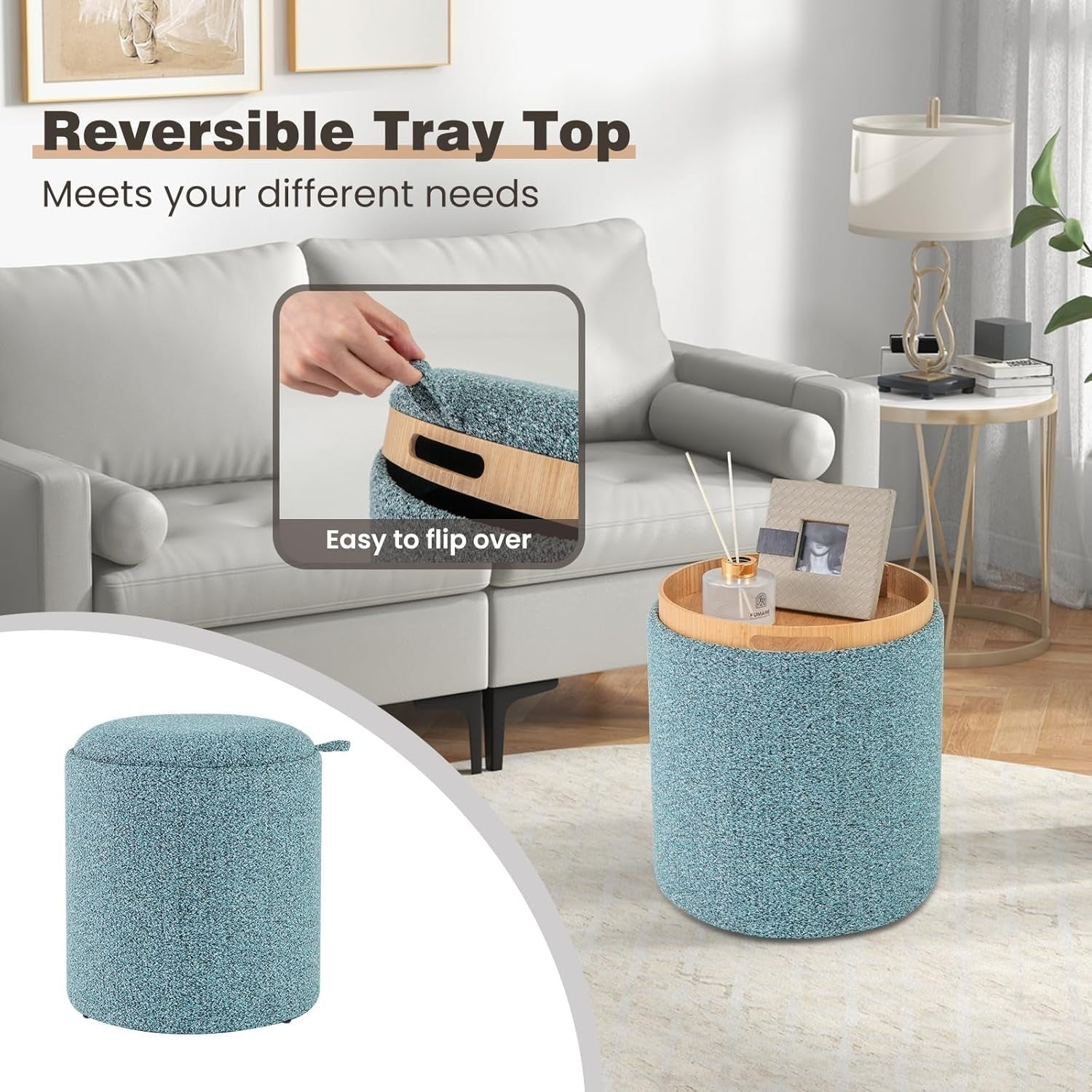 Blue Nesting Round Footstools Set of 2 Storage Ottomans with Tray Tops