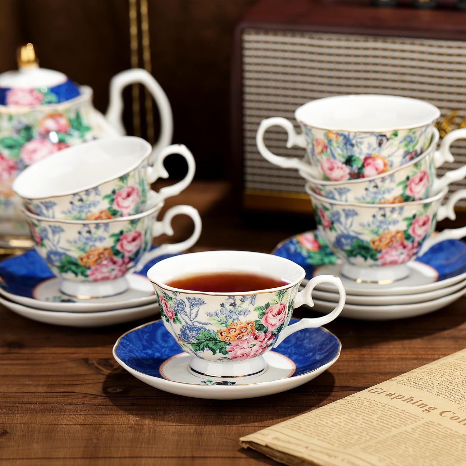 15 Piece Bone China Tea Set Floral Teapot Cups Saucers Vintage Afternoon Tea
