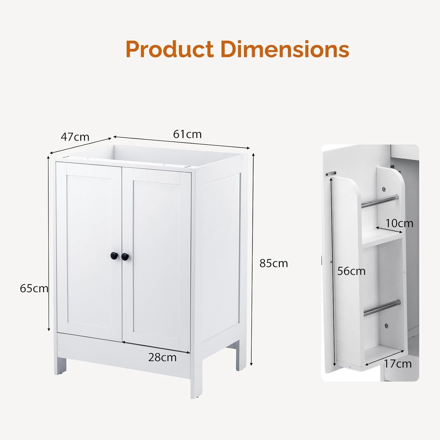 White Under Sink Bathroom Cabinet | 61x45x85cm Wooden Storage Unit 2 Doors