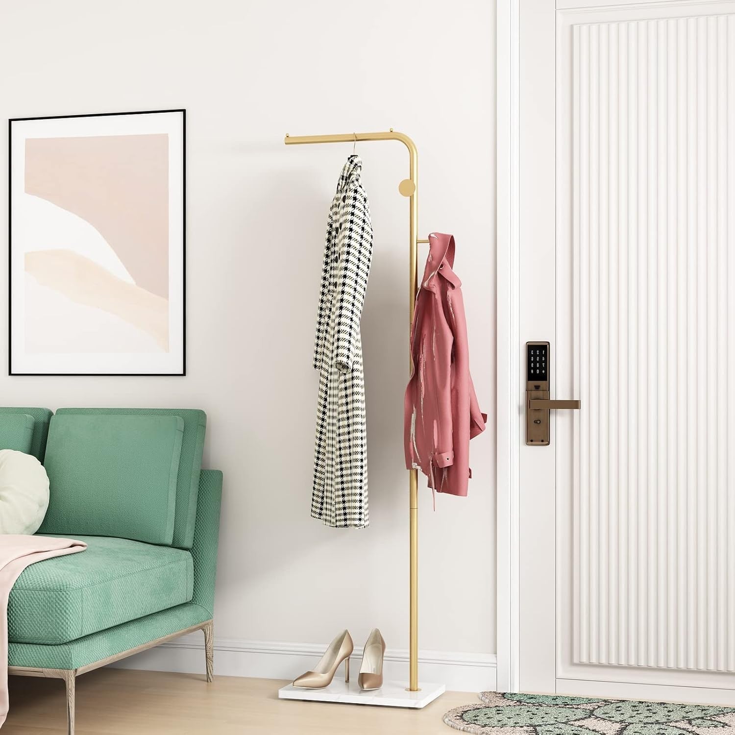 Gold Metal Coat Rack with White Base Freestanding 3 Hooks Modern Entryway Stand