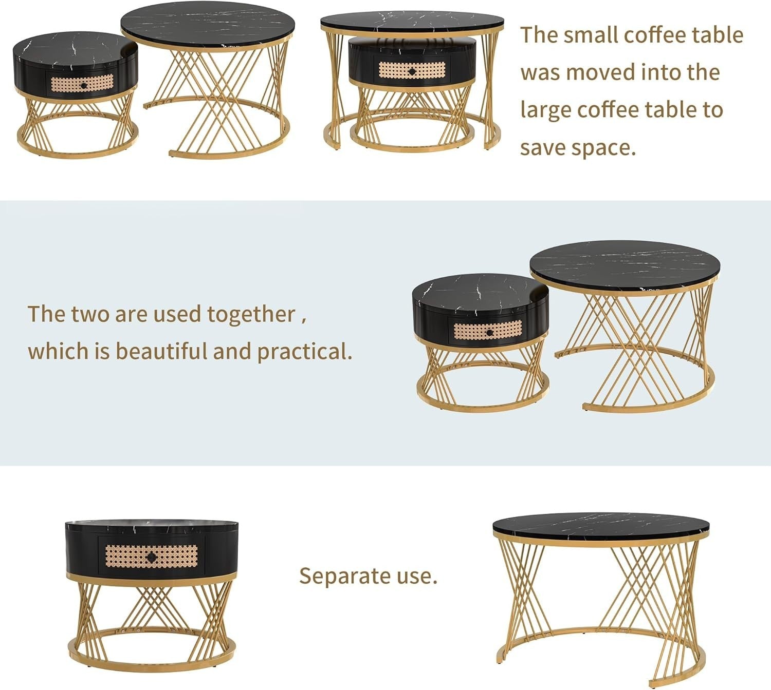 ModernLuxe 2-in-1 Round Coffee Table Set with Marble Top, Rattan Drawer