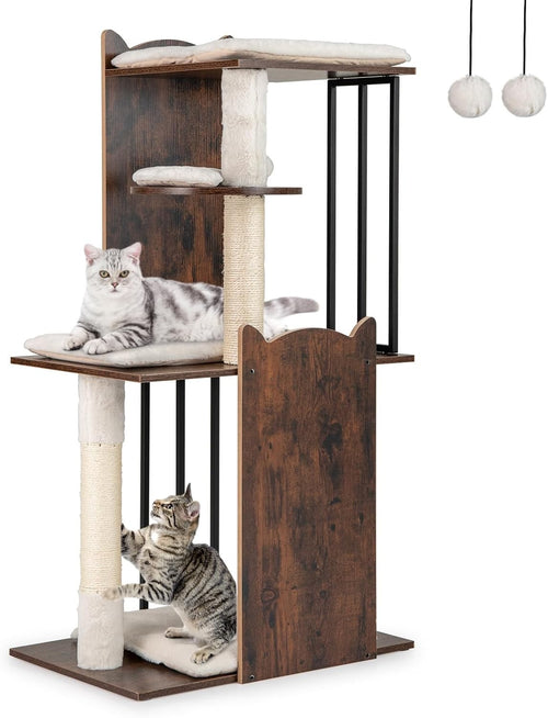 Modern Cat Tree Tower 112cm Multi Level Wooden Scratching Post Play Centre