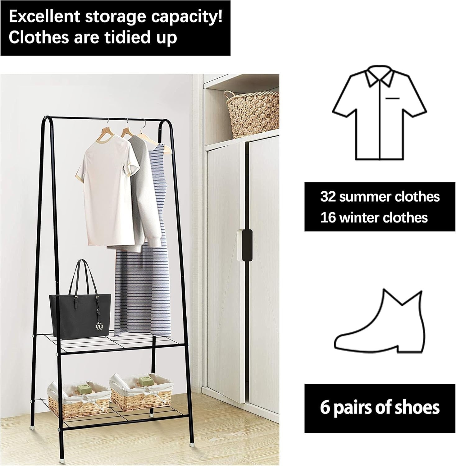 Black Clothes Rail Stand with Metal Shelf 1.5m Space Saver