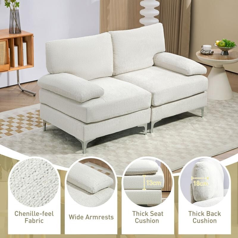 Cream 2 Seater Sofa Chenille Fabric Couch with Cushions Metal Legs Modern