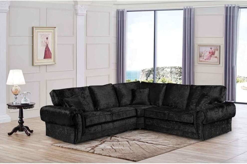 5 Seater Black Crushed Velvet Corner Sofa – L Shape, High Back, Reversible Cushi