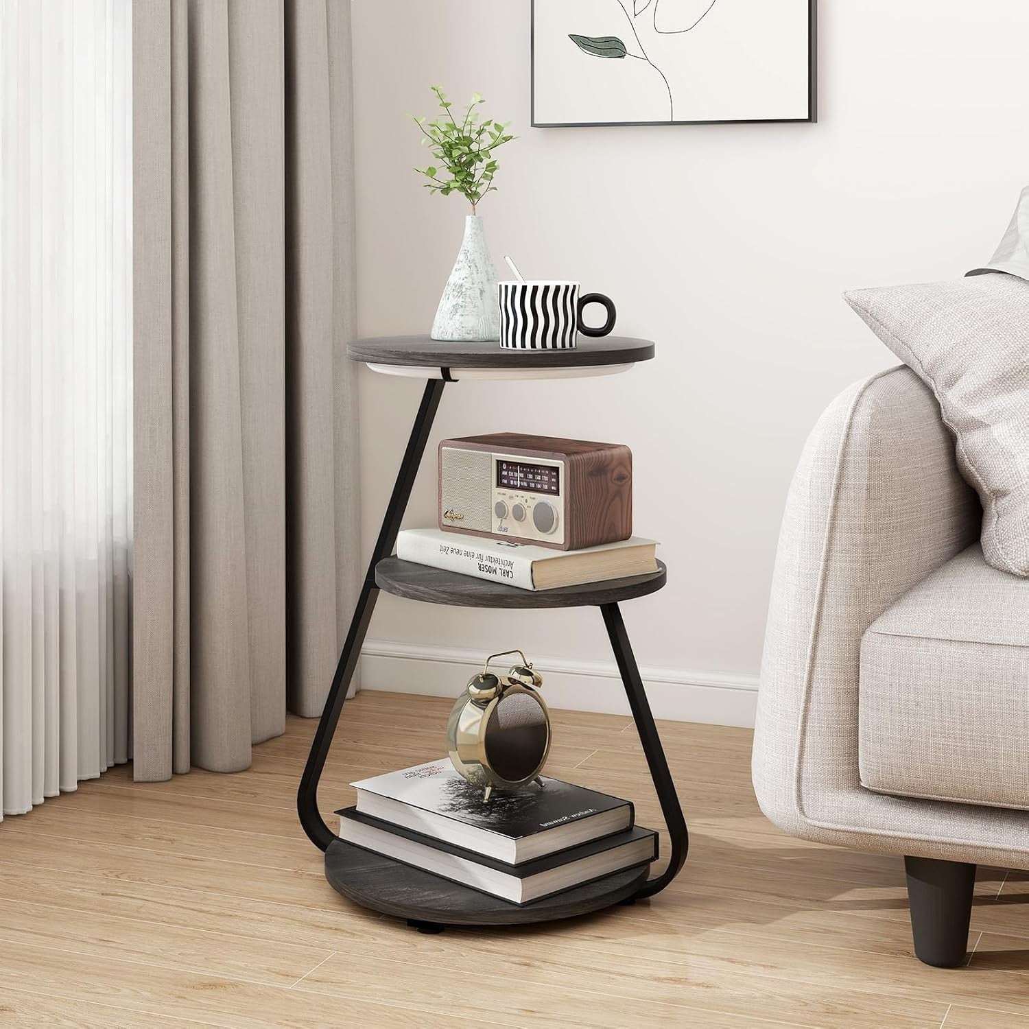 Set of 2 LED Bedside Side Tables Grey – 3-Tier Round Storage Coffee Tables