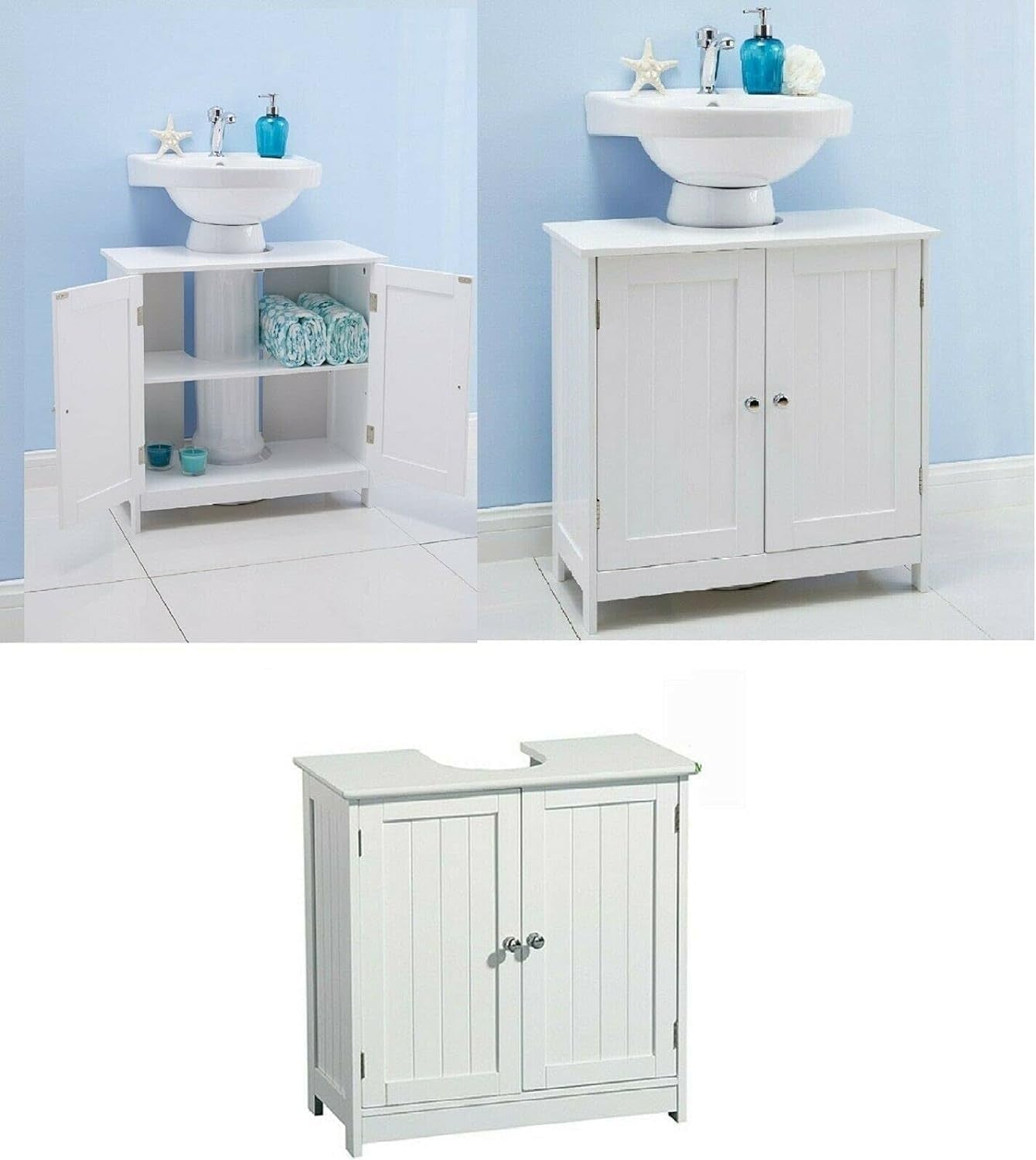 White Under Sink Bathroom Cabinet with Doors & Shelf Storage 60x30x60cm