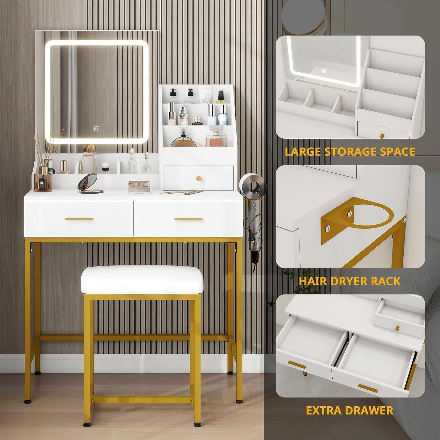 Vanity Makeup Dressing Table with LED Mirror 3-Color Light & Storage White/Gold
