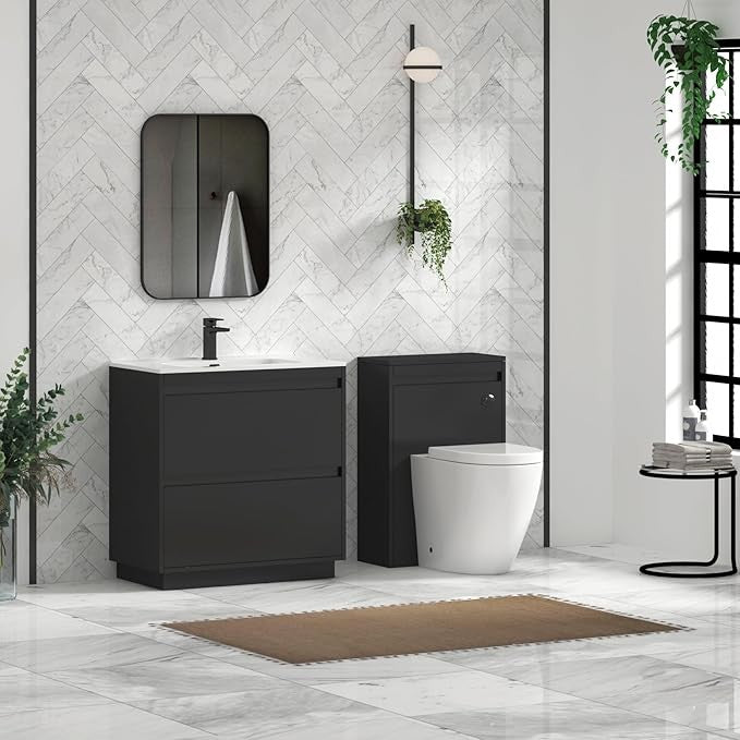 800mm Jet Black Floor Standing Vanity Unit with Basin Sink 2 Drawer