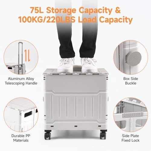Foldable 75L 50KG Trolley Cart with Lid, 4 Wheels & Telescopic Handle