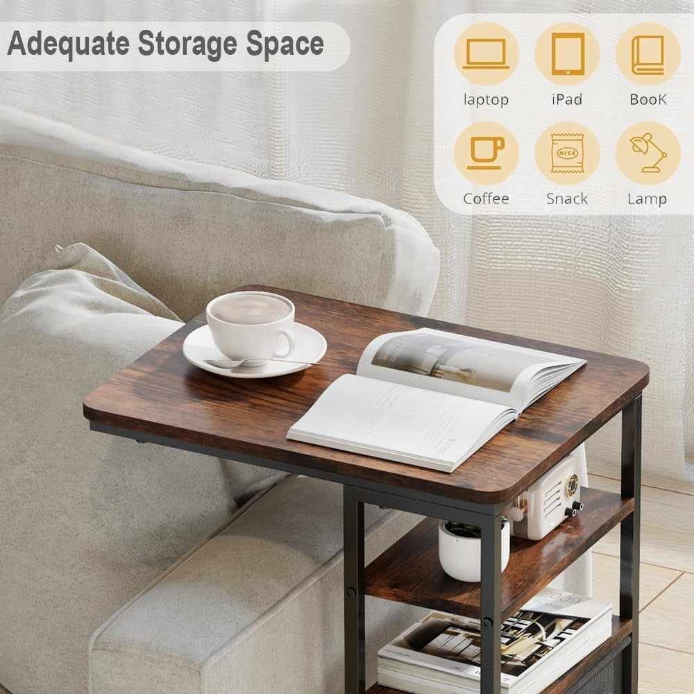 Retro Brown C-Shaped End Table 3-Tier Storage Slim Sofa Side Table Durable
