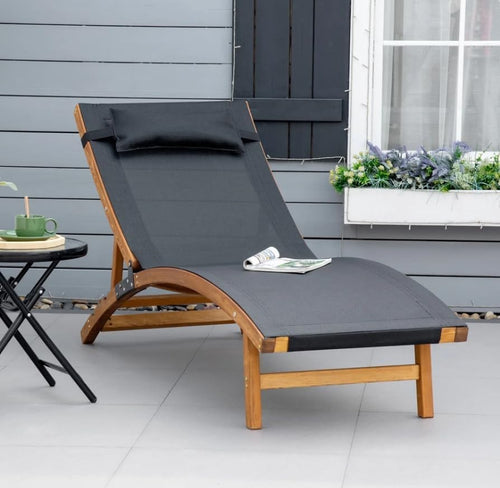Adjustable Wooden Sun Lounger with Cushion Rustic Outdoor Patio Daybed