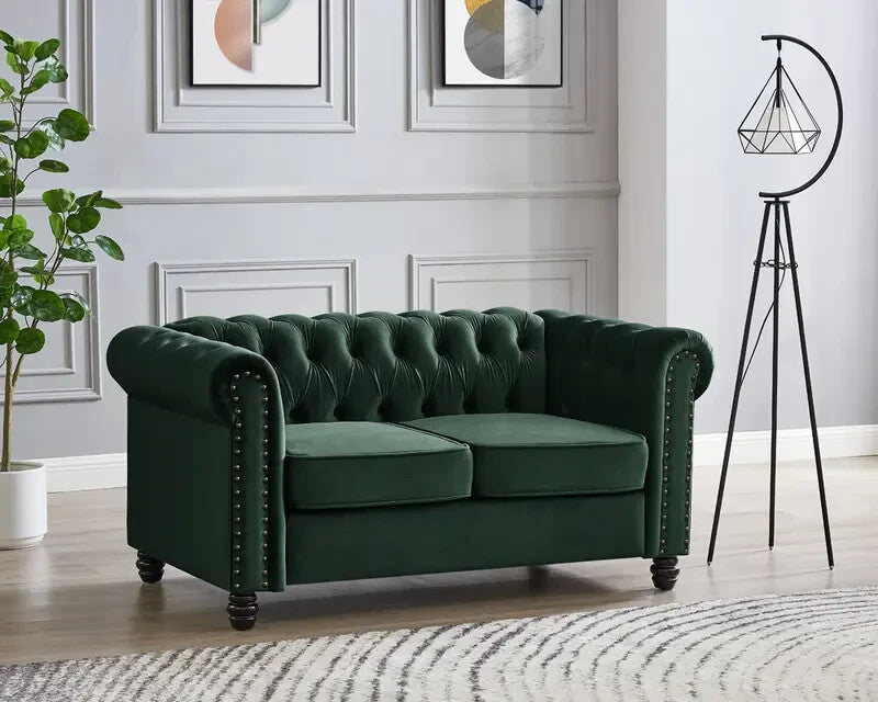 Green Velvet Chesterfield 2 Seater Sofa Tufted Scroll Arm UK Ready