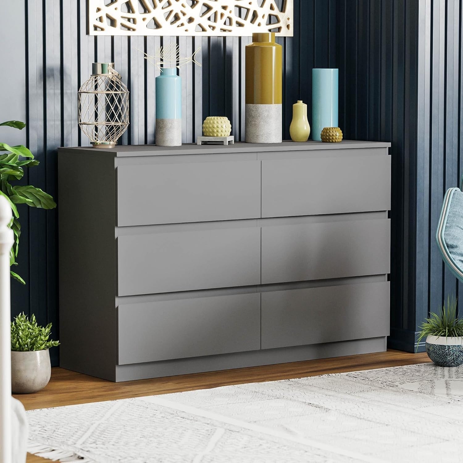 Modern 6-Drawer Grey Wooden Chest Storage Unit - Space-Saving Bedroom Organizer