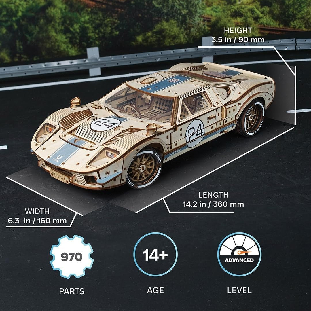 1:12 Scale Wooden Sports Car Puzzle – 970pc DIY Model with V8 Engine