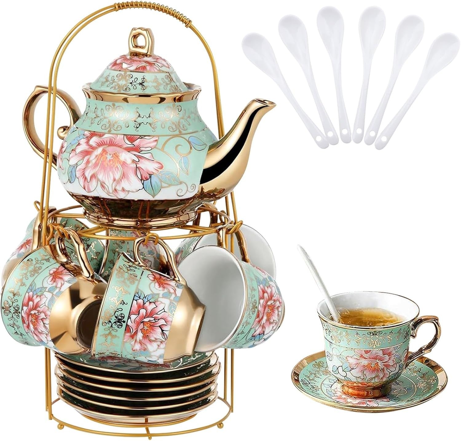 20Pc Green Porcelain Tea Set Gold Floral Teapot Cups Saucers Stand