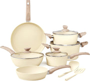 12pcs Beige Granite Non Stick Cookware Set – Pots & Pans with Lids and Utensils