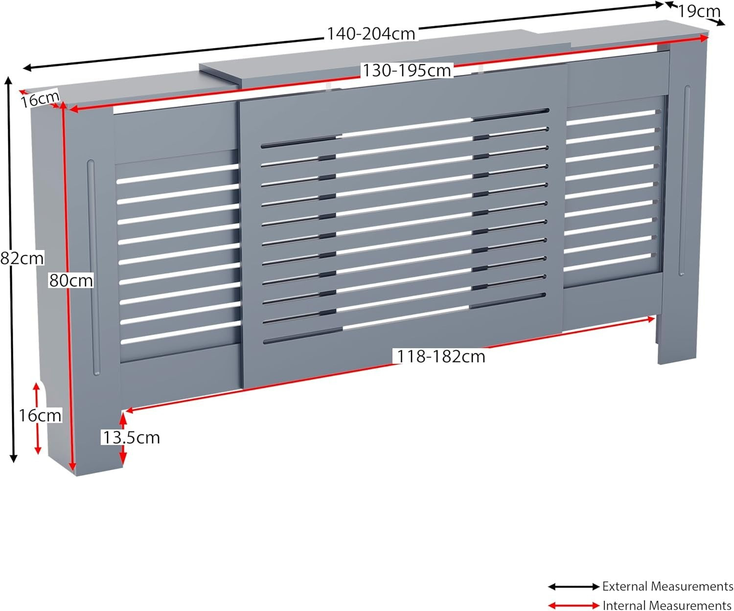 Adjustable Grey Radiator Cover 195x80x16cm Modern MDF Slatted Heating Cabinet