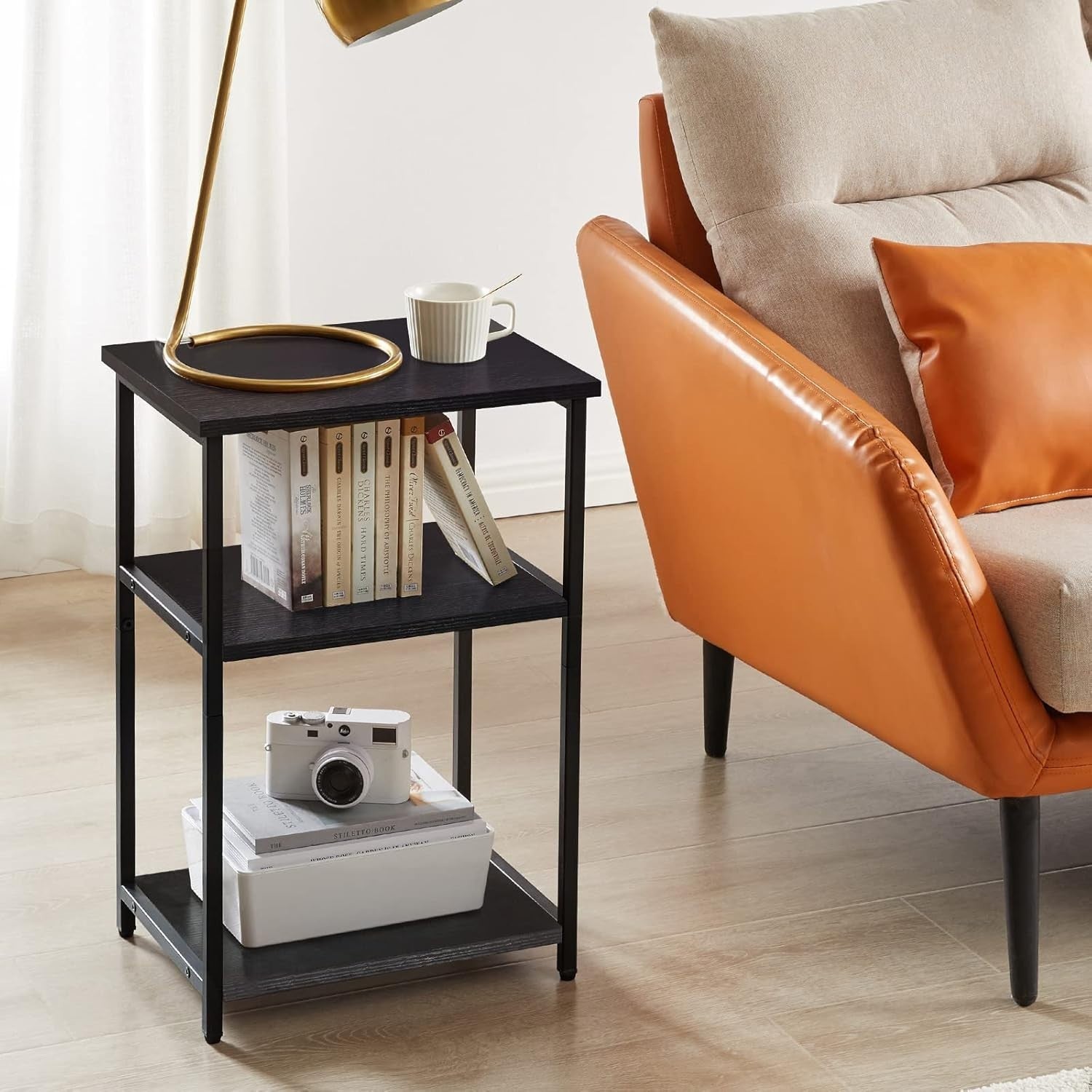 3-Tier Industrial Side Table with Storage Shelves & Protective Feet, Black