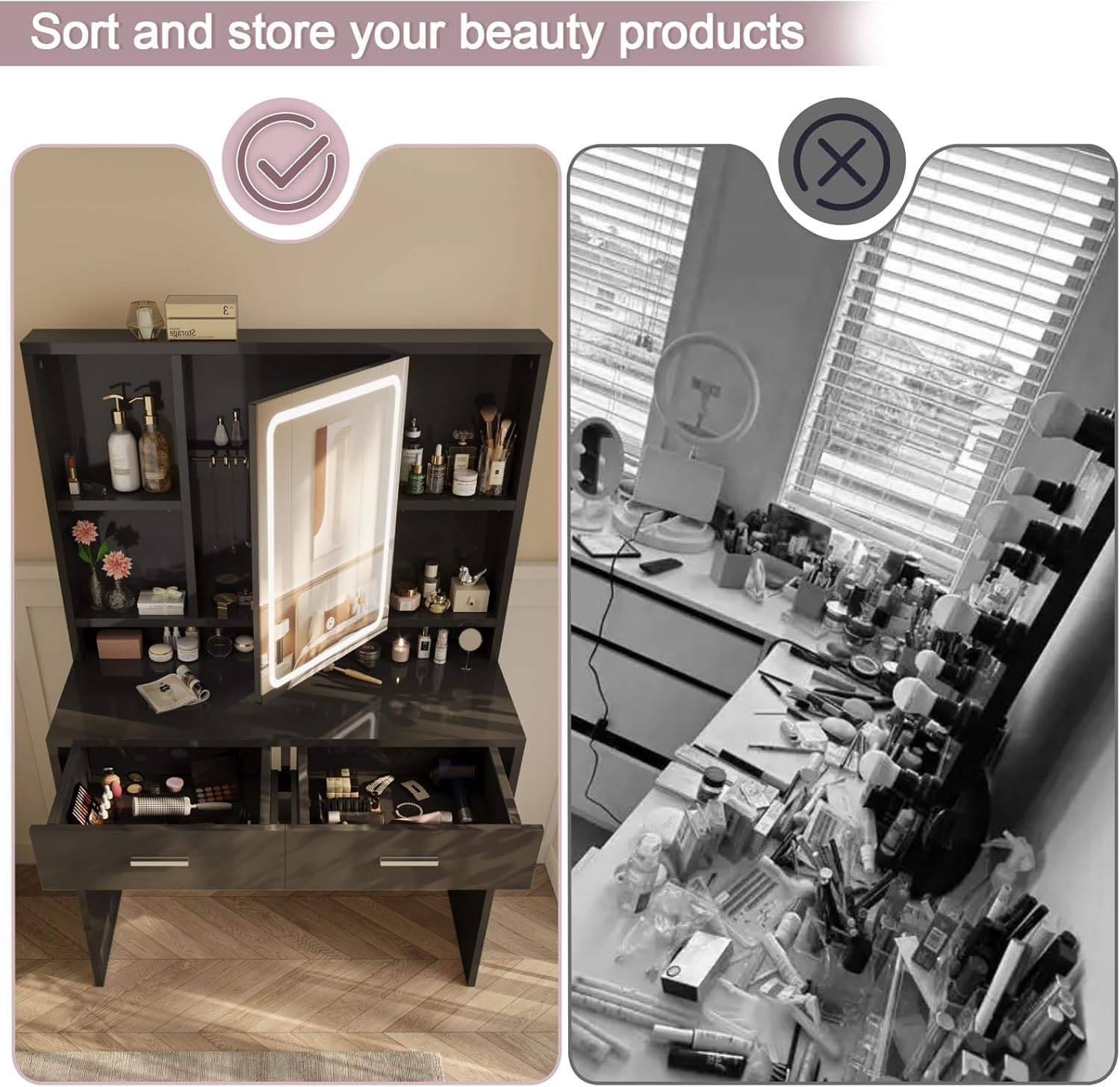 Modern Dressing Table Vanity w/LED Mirror Lights 2 Drawers Storage Black