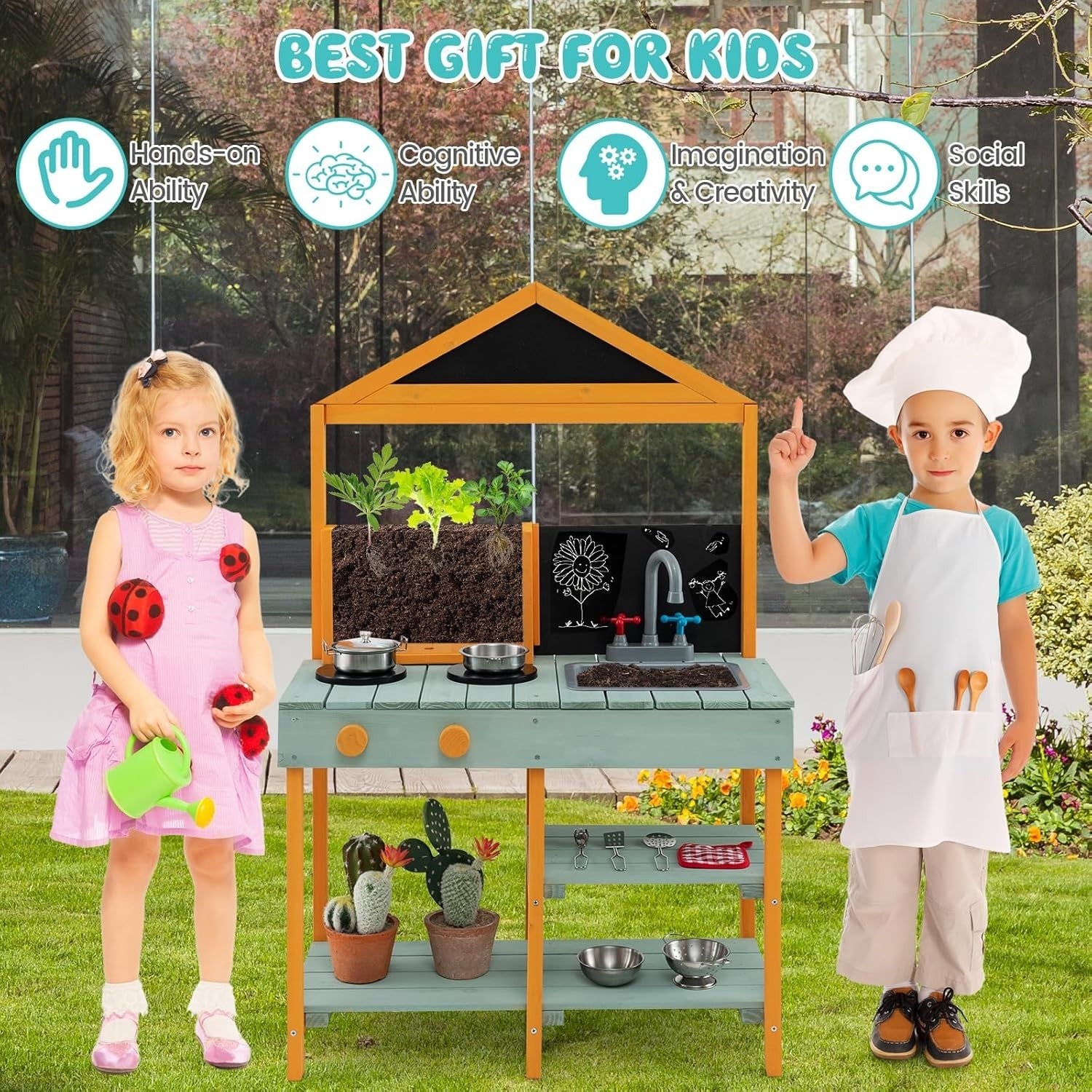 Outdoor Wooden Mud Kitchen Kids Playset Sink Chalkboard Planter Set