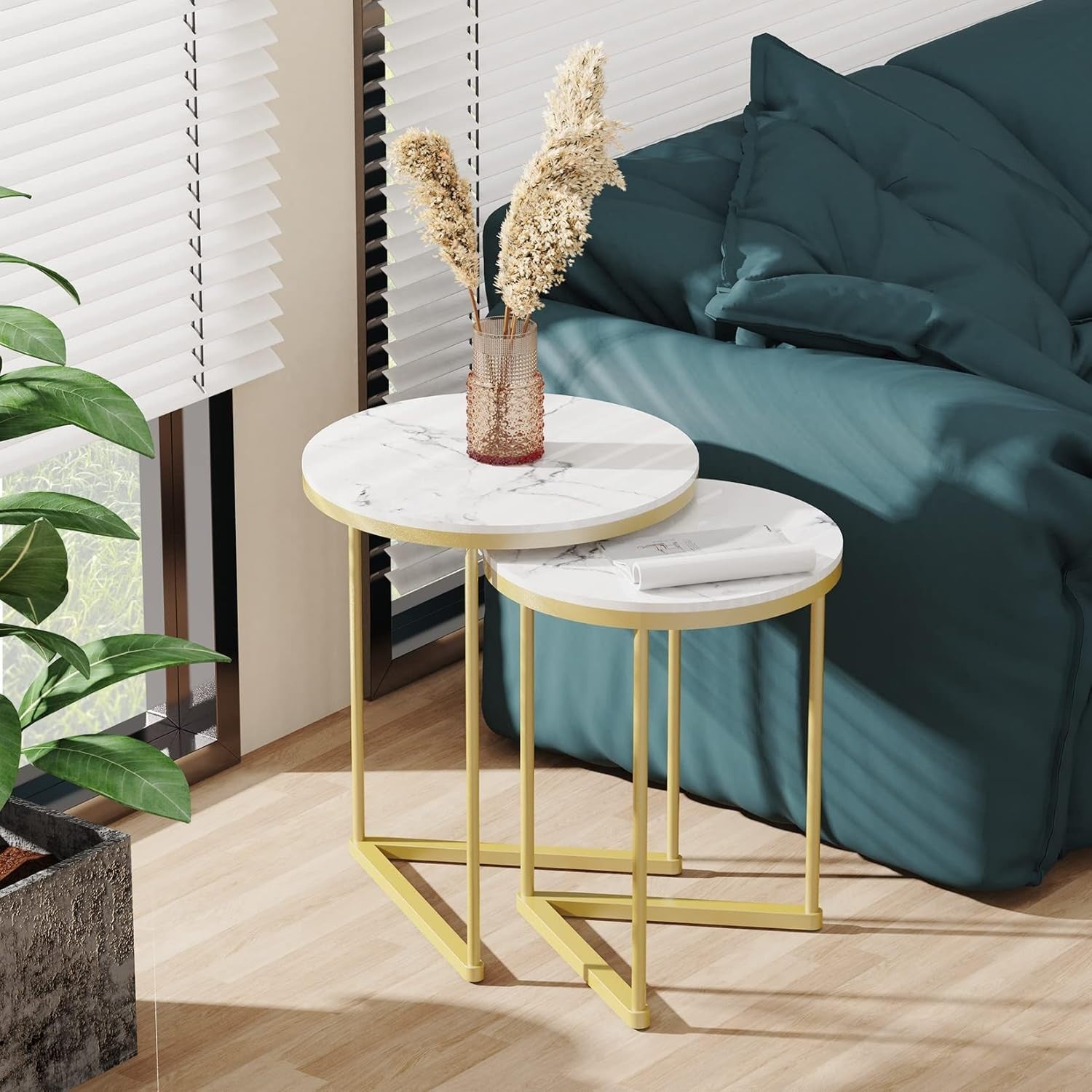 Gold Nesting Side Tables Round Marble Stone Top End Accent Table Set Living Room