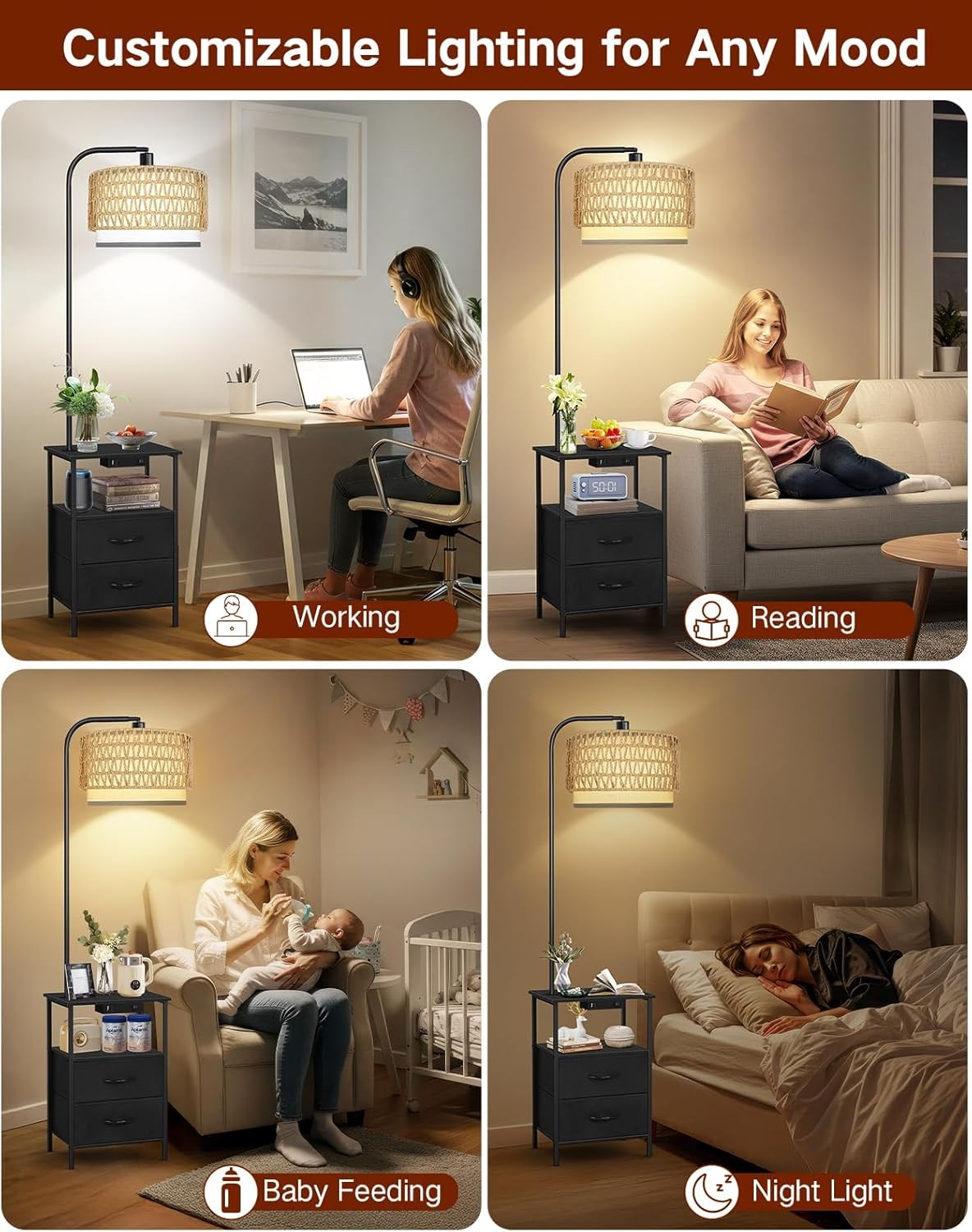 Floor Lamp with Table Drawers Rattan Shade Dimmable LED Charging Station