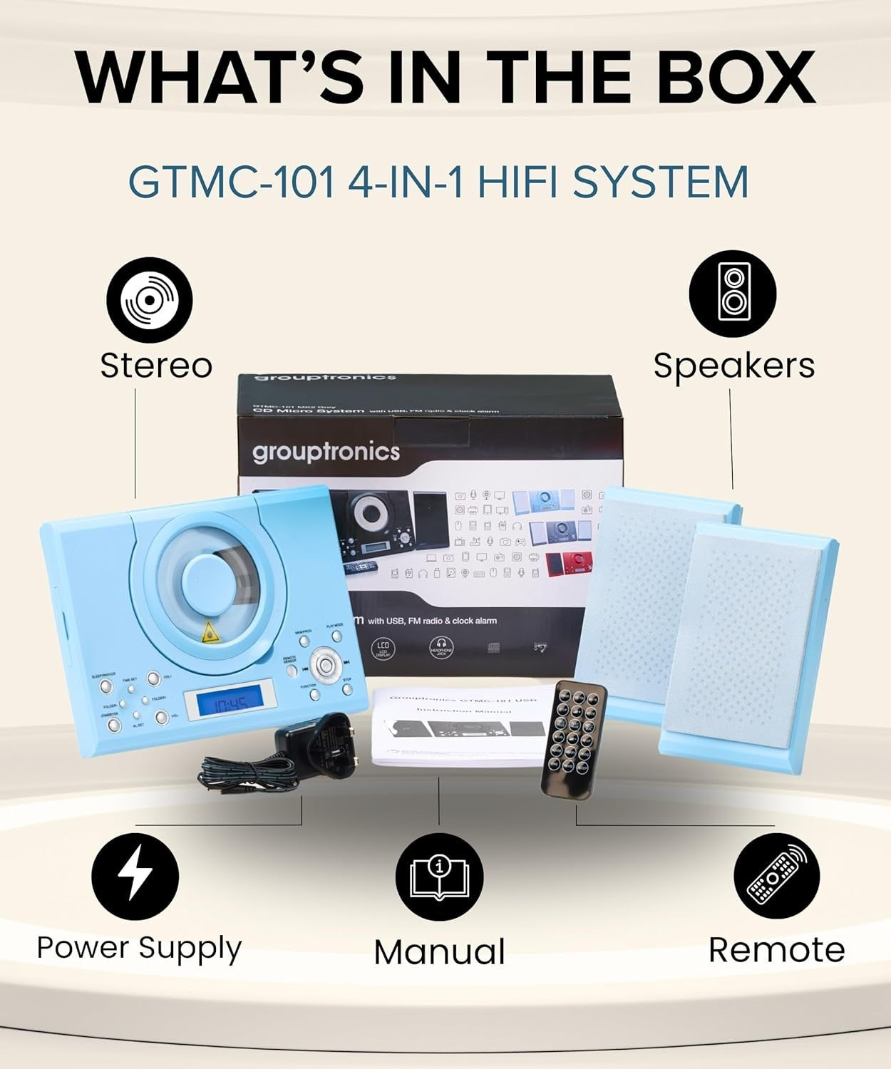 Wall Mount CD Player Stereo System USB MP3 FM Radio Alarm Remote Control Blue