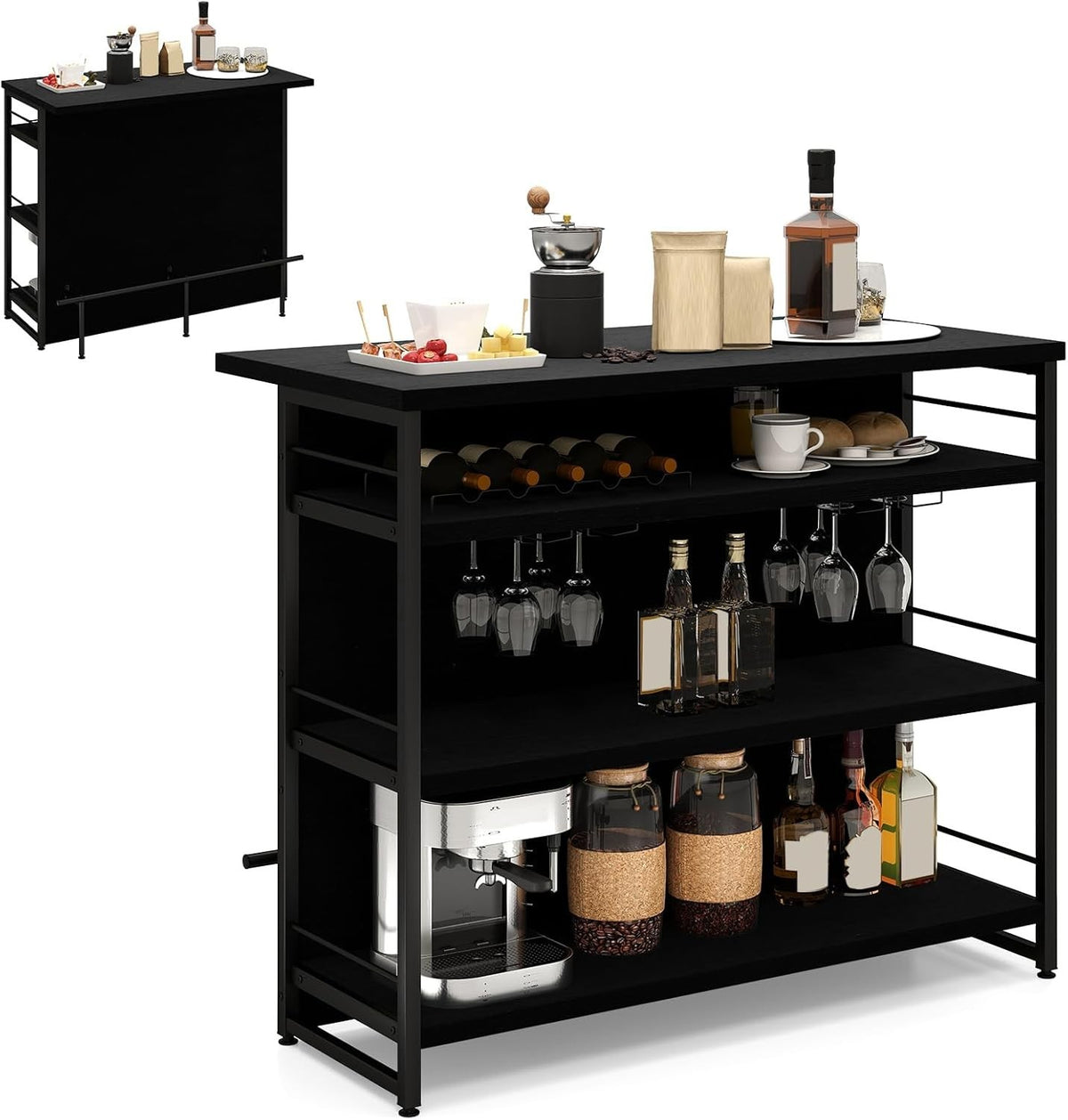 Industrial Kitchen Island Bar Table with Wine Rack Black 120x60cm
