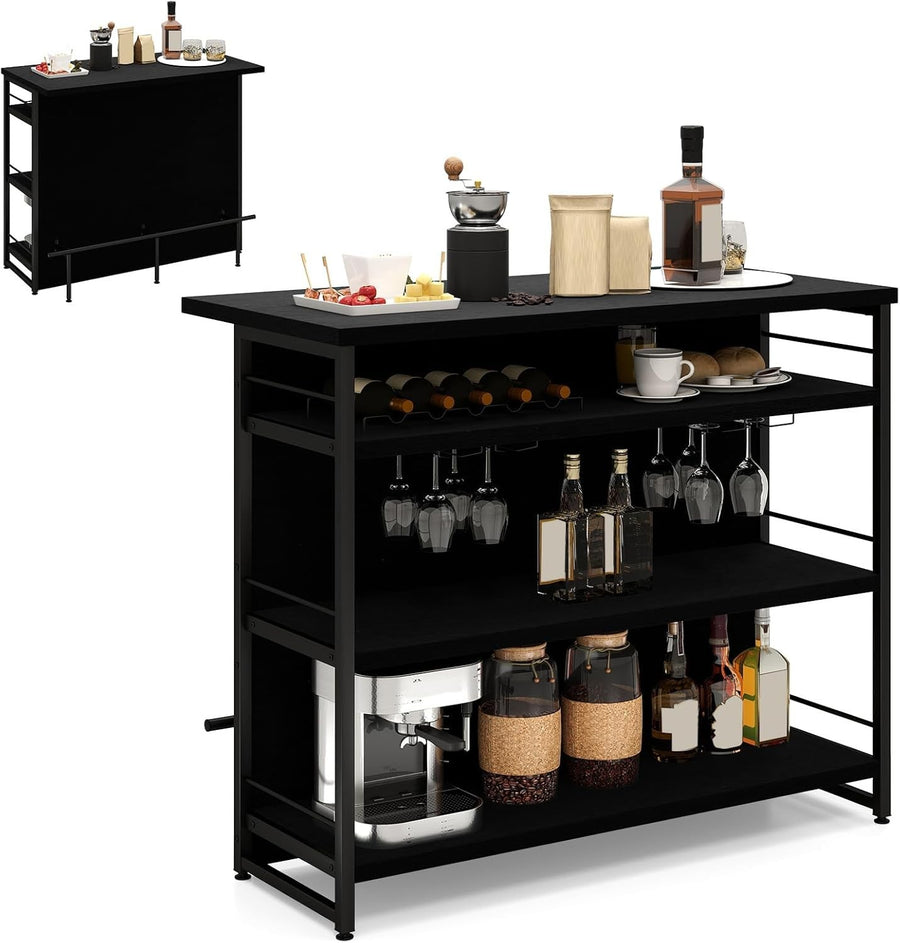 Industrial Kitchen Island Bar Table with Wine Rack Black 120x60cm