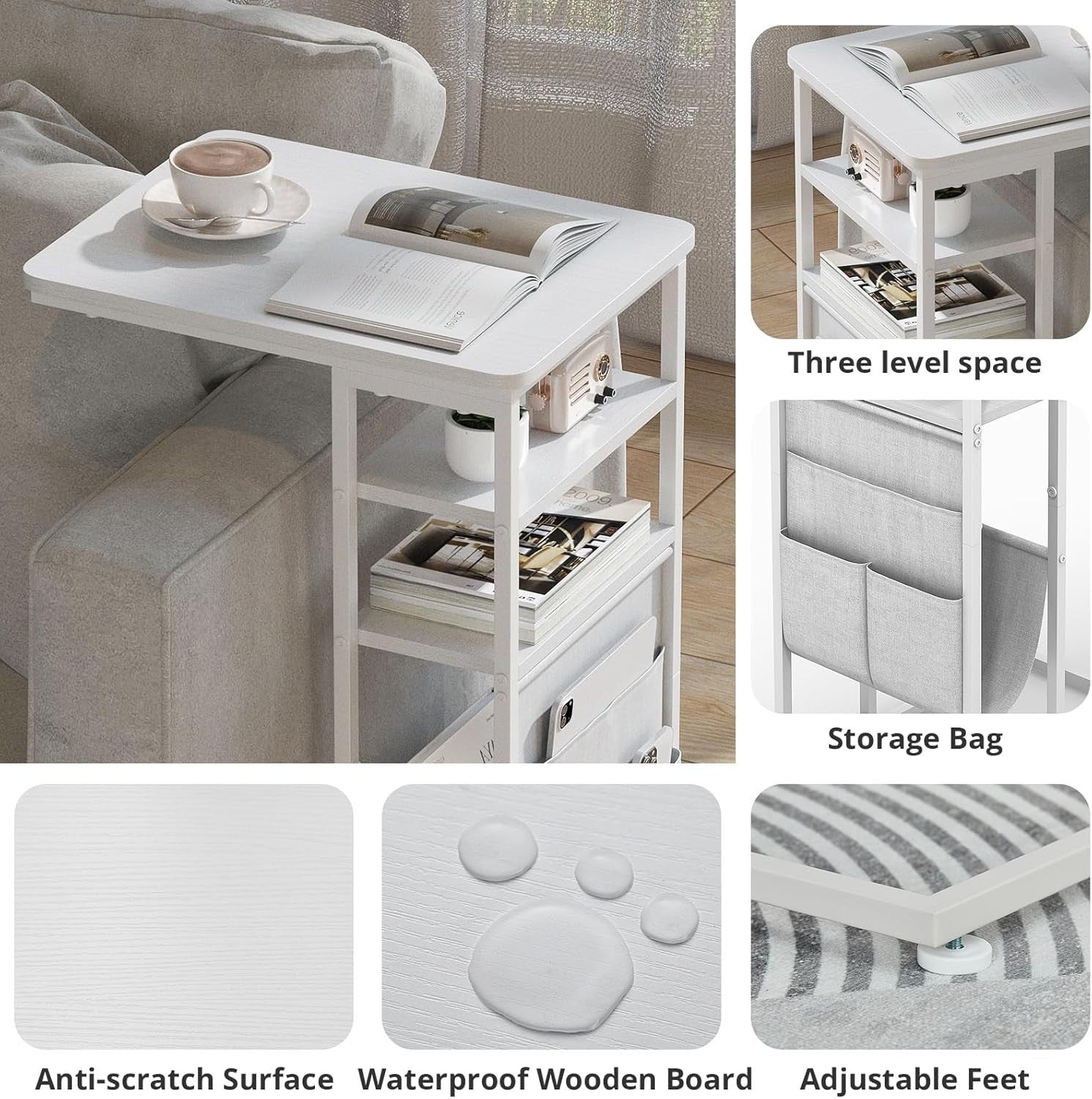 Slim C-Shaped End Table with Storage Bag | Adjustable Metal Frame, Space Saver