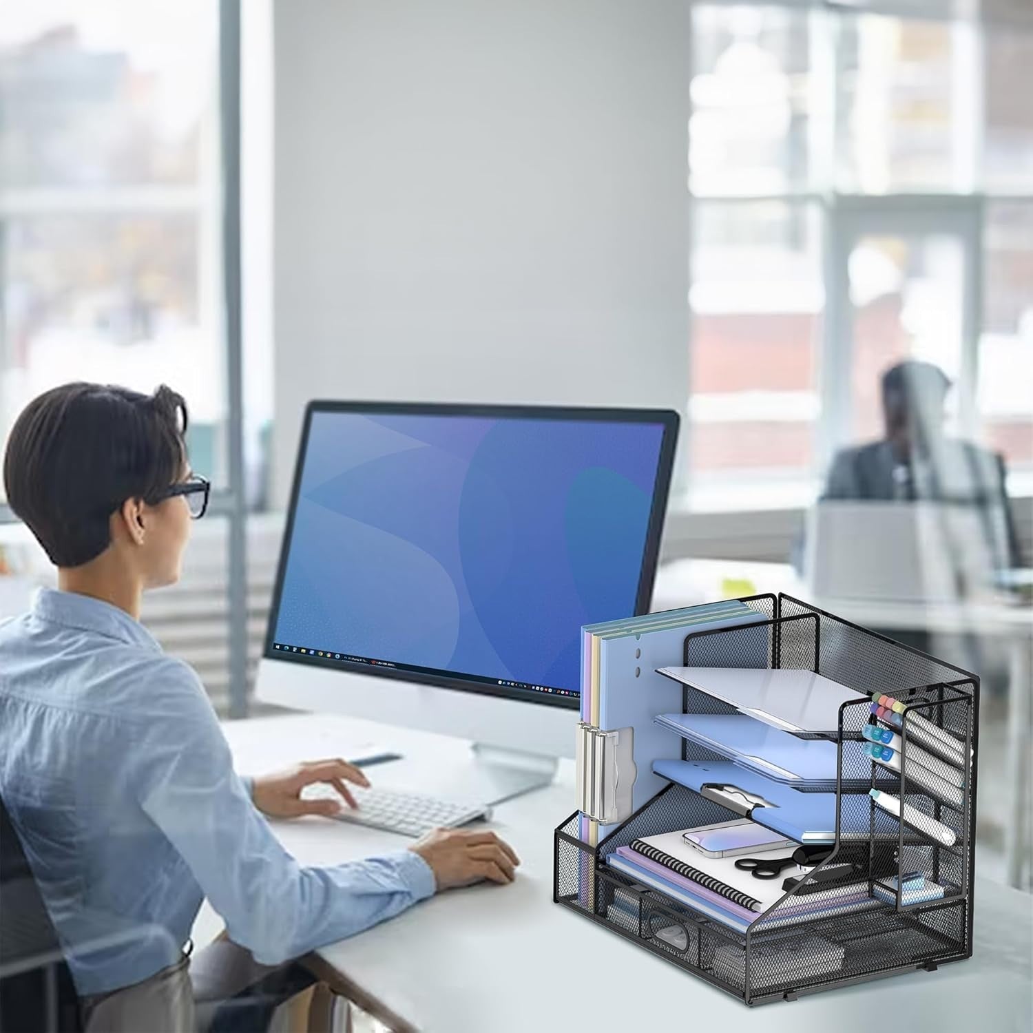 5-Tier Mesh Desk Organiser with File Holder, Pen & Drawer – Black