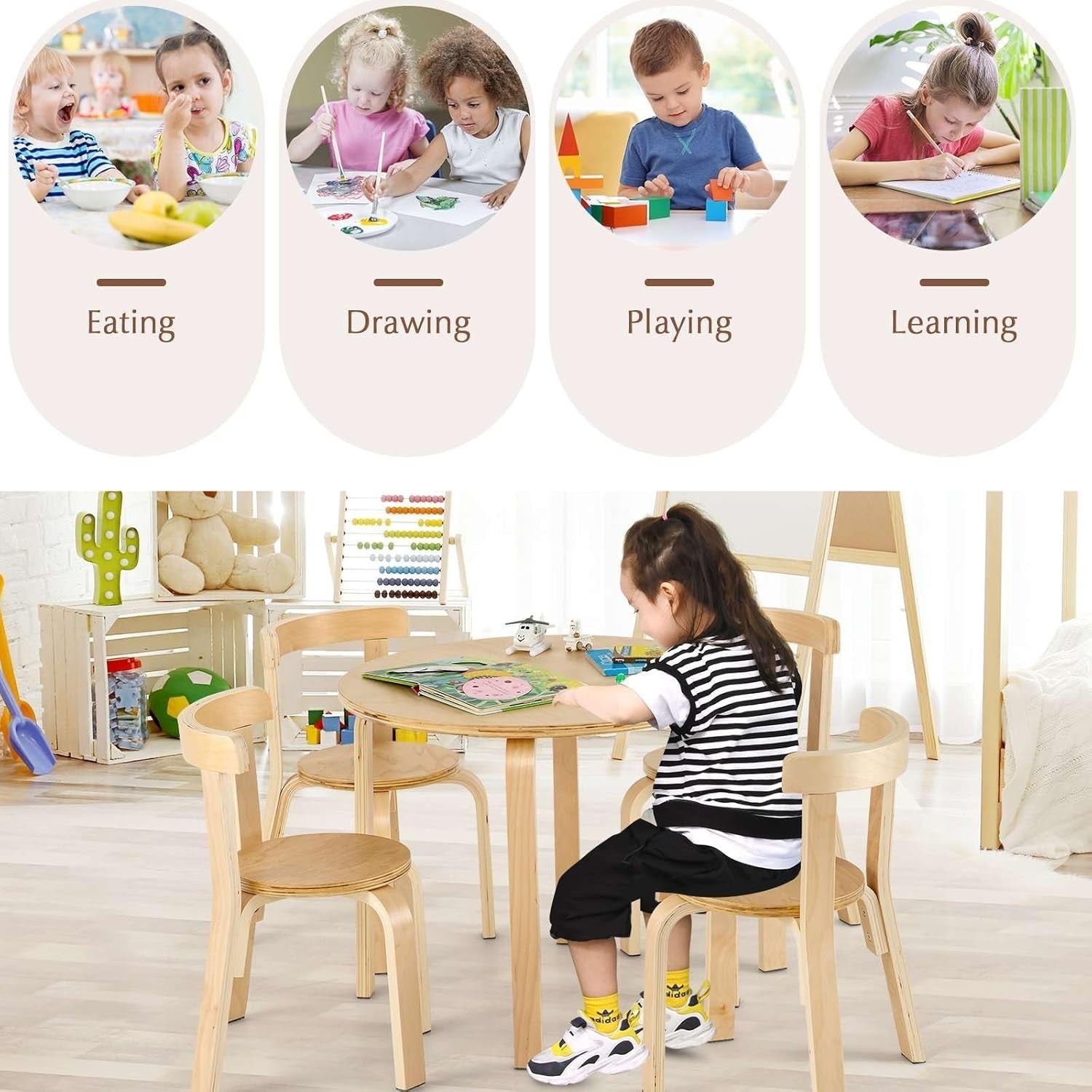 Kids Wooden Round Table & 4 Chairs Set Natural Finish Ergonomic Design