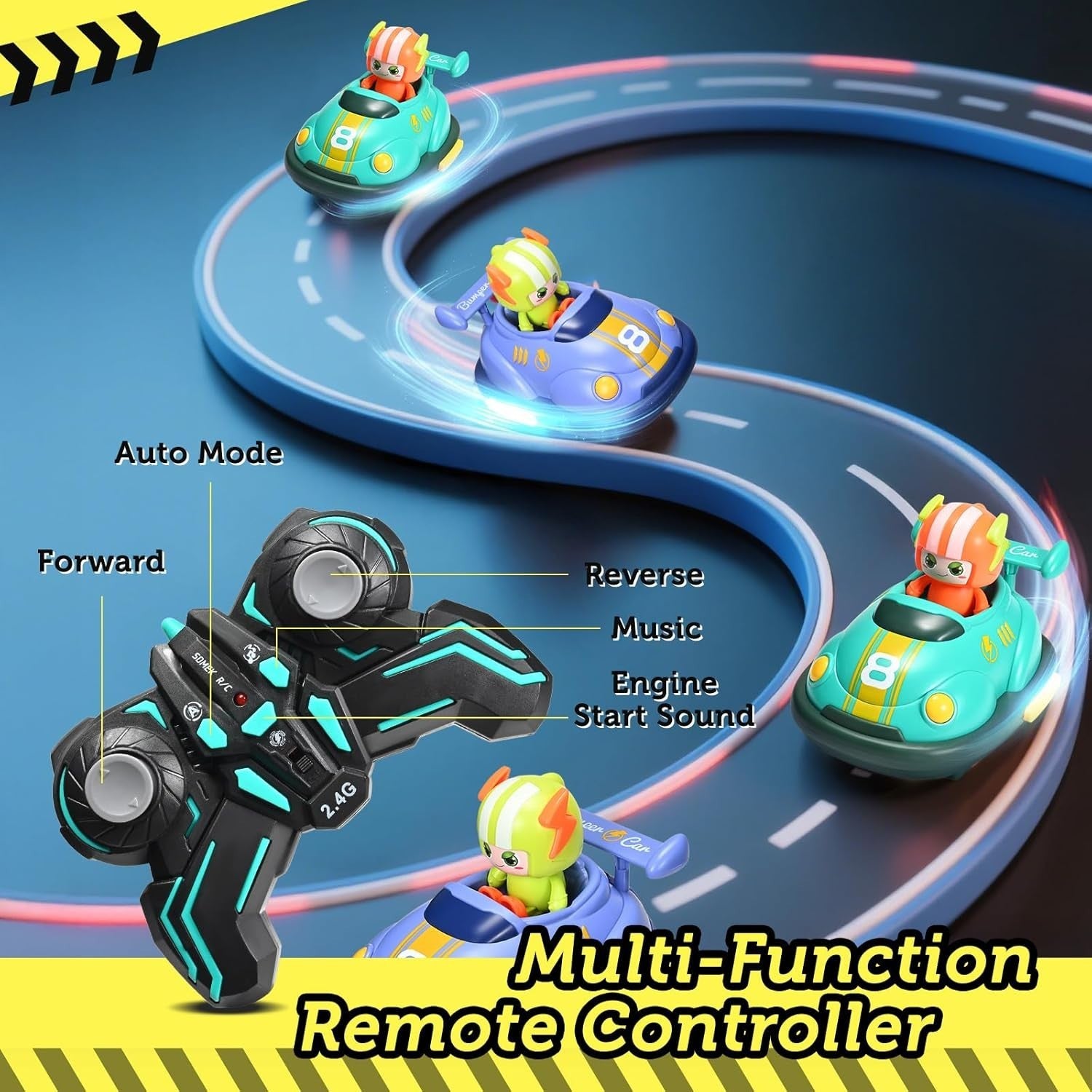 RC Bumper Cars Set of 2 with Lights & Music – Ejecting Figures & Soccer Game