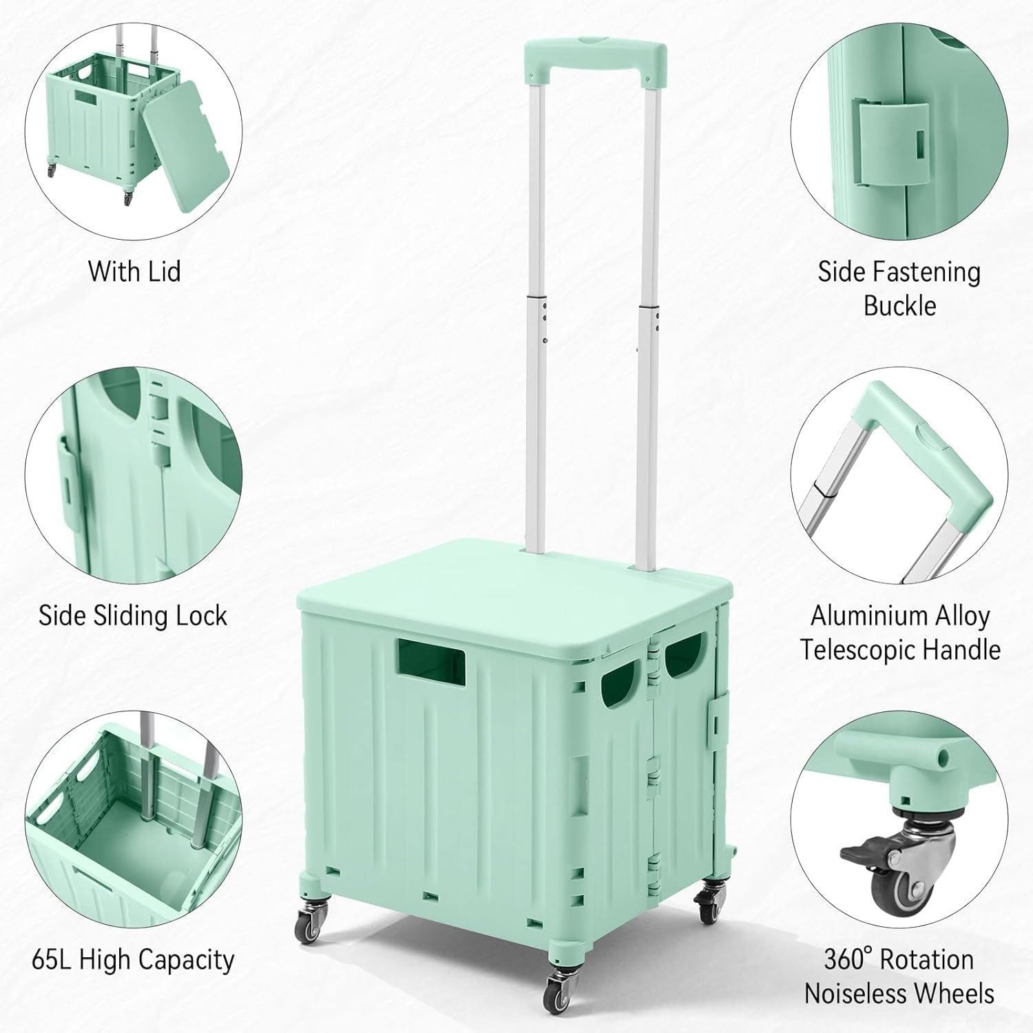 65L Foldable Shopping Trolley 4 Wheel Utility Cart with Lid Green
